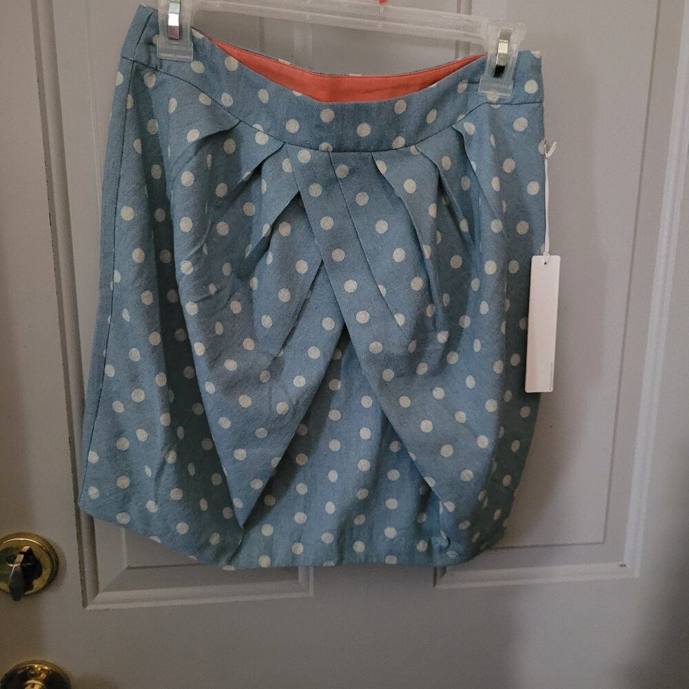 Line & Dot Blue Polka Dot Pleated Mini Skirt with Coral Lining